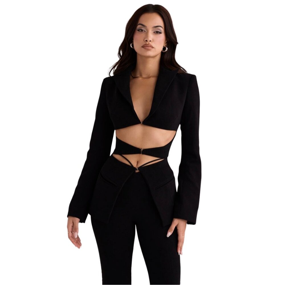 New! House of CB Noir Black Crepe Cutout Blazer Size S Small‎ MSRP $179